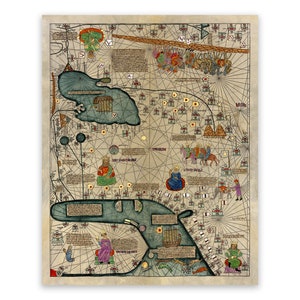Antique Map of the Middle East, Catalan Atlas Cartography Home Decor, Vintage Style Print Circa 1300s