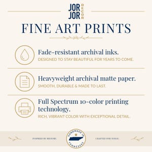 The image is an advertisement for fine art prints, highlighting their features such as fade-resistant archival inks, heavyweight archival matte paper, and full spectrum 10-color printing technology.