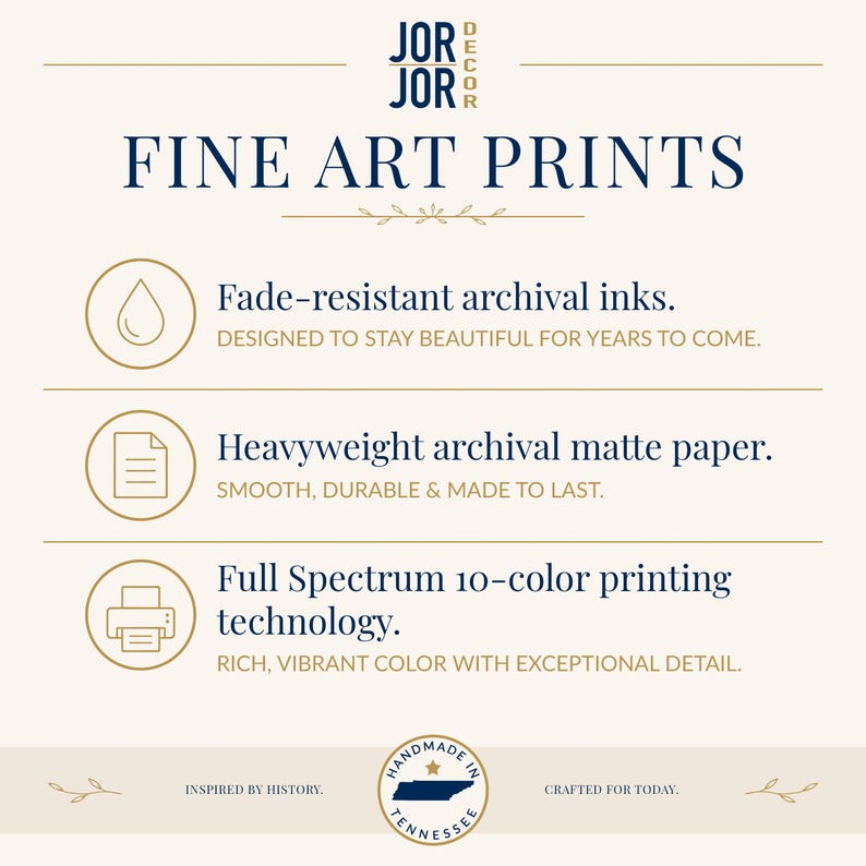 The image is an advertisement for fine art prints, highlighting their features such as fade-resistant archival inks, heavyweight archival matte paper, and full spectrum 10-color printing technology.