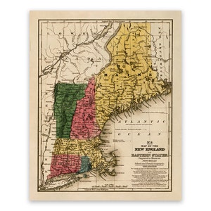 Old Map of New England, 19th Century Cartography Decor, Vintage Style Print Circa 1800s