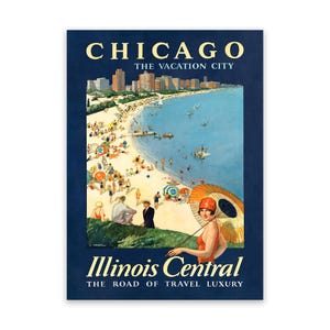Chicago Illinois Beach Travel Poster, Vintage Style 1900s Rustic Reproduction Print, Retro Wall Art Decor