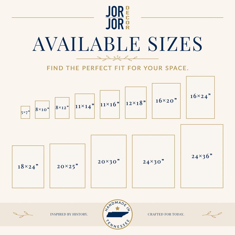 The image is a collection of various sizes of framed artworks or photographs, arranged in a grid format. The text above the image reads "JOR JOR DESIGN" and "AVAILABLE SIZES" followed by a tagline that says "FIND THE PERFECT FIT FOR YOUR SPACE." The bottom of the image features the phrase "INSPIRED BY HISTORY. CRAFTED FOR TODAY."