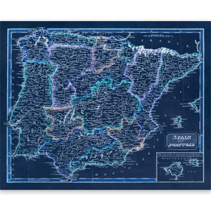 Old Map of Spain and Portugal, 19th Century Iberian Peninsula Home Decor, Vintage Style Print Circa 1800s, 3 Color Options