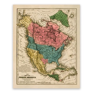 Carte ancienne de l'Amérique du Nord, décor cartographique du XIXe siècle, impression de style vintage, vers les années 1800
