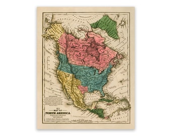 Old Map of North America, Vintage Style Print Circa  1800s
