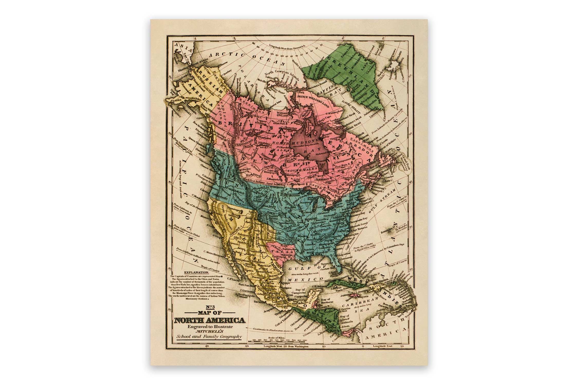 Old Map of North America, 19th Century Cartography Decor