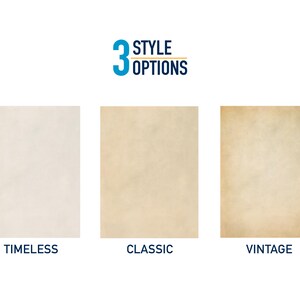 May include: Three paper texture options for a product: Timeless, Classic, and Vintage. The Timeless option is a white paper with a subtle texture. The Classic option is a light beige paper with a subtle texture. The Vintage option is a light brown paper with a more pronounced texture.