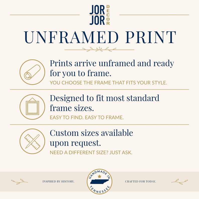 The image is an advertisement for JOR Decor, featuring a list of features for an unframed print, including prints arriving unframed and ready for framing, the ability to choose a frame that fits one's style, a designed to fit most standard frame sizes, and custom sizes available upon request. The ad is inspired by history and crafted for today, with a focus on Tennessee.