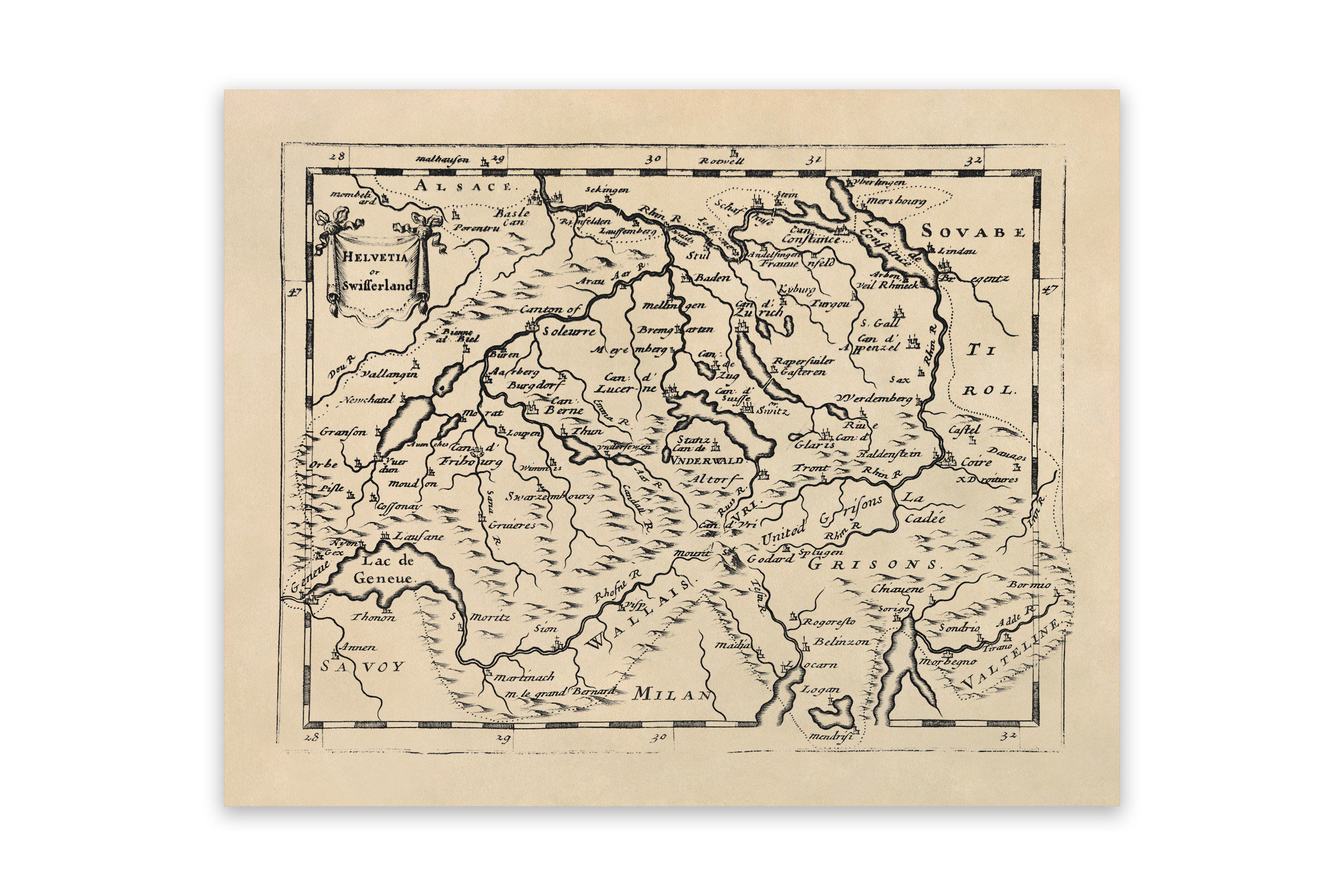 Old Map of Switzerland, Vintage Style Print Circa 1600s, 3 Color