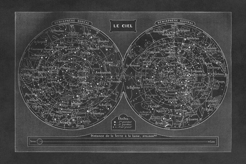 Zodiac Constellations Poster, Old Star Chart Astronomy Print, AM04 Charcoal