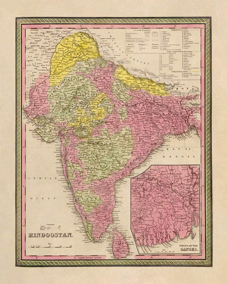 1800s Hindustan Vintage Style Print Old India Map Poster 3 Color Options