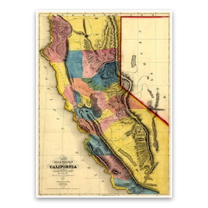 May include: A vintage map of the Gold Region of California, showing the different counties and mining districts. The map is printed in a variety of colors, including yellow, green, blue, and red. The map is titled "Gold Region of California" and includes a key to the different colors.