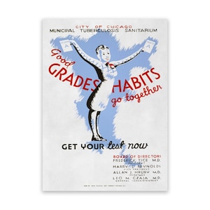 Good Grades and Healthy Habits Educational WPA Poster, Mid Century Home Art Decor, Vintage Style Reproduction Print
