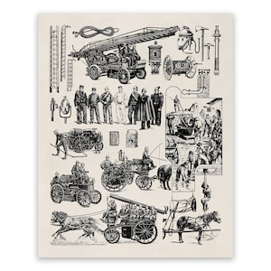 Antique Firefighter Print, Fire Fighting Techniques Art, Premium Vintage Style Reproduction Illustration AM151