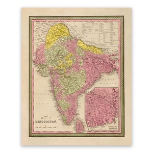 Carte ancienne de l'Inde, de l'Hindoustan, impression de style vintage, vers 1800