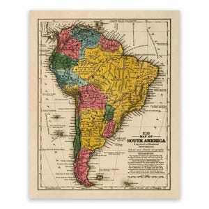 Peut inclure: Une carte ancienne de l'Amérique du Sud avec des régions codées par couleur en jaune, rose, vert et bleu. La carte comprend des lignes de grille, des étiquettes géographiques et le texte No 10 MAP OF SOUTH AMERICA Engraved to Illustrate MITCHELL'S School and Family Geography.