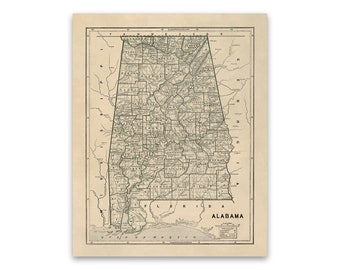 Old Alabama State Map, Vintage Style Print Circa 1800s