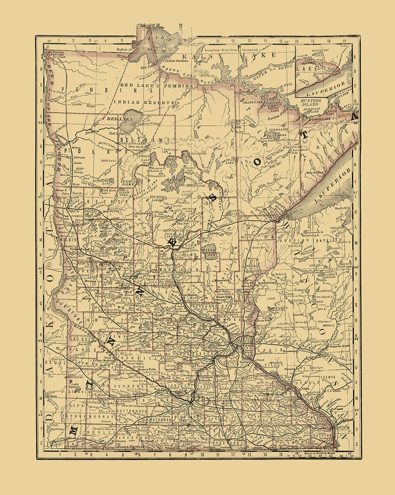 Old Minnesota Map Circa 1878 MN 1800s Antique Vintage Art Etsy