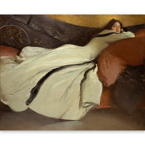 Romantic French Woman Laying On Couch In Dress Painting, Victorian Female Portrait, John White Alexander Premium Reproduction Print, CP03