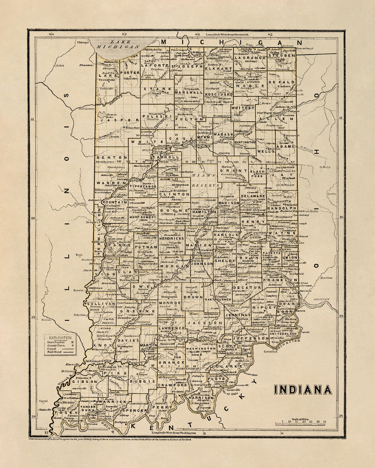 Old Map of Indiana, 19th Century Cartography Decor, Vintage Style Print ...