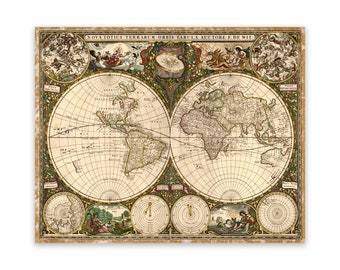 Antique Hemispheres World Map Print, Circa 1660