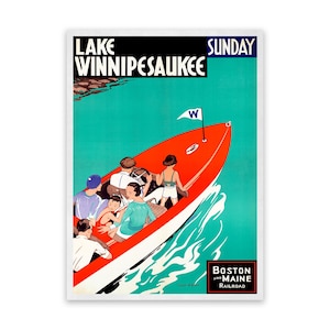 Lake Winnipesaukee Travel Poster, Vintage Style 1900s Rustic Reproduction Print, Retro Wall Art Decor