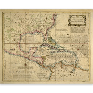 Carte ancienne des Antilles et des Caraïbes, décor cartographique du XVIIIe siècle, estampe de style vintage, vers 1700