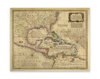 Antique West Indies Caribbean Map, Vintage Style Print Circa 1700s