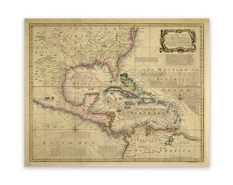 Antique West Indies Caribbean Map, Vintage Style Print Circa 1700s