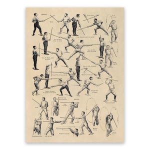 Singlestick Cane And Stick Fencing Techniques Chart, Premium Vintage Style Reproduction Print, FD31