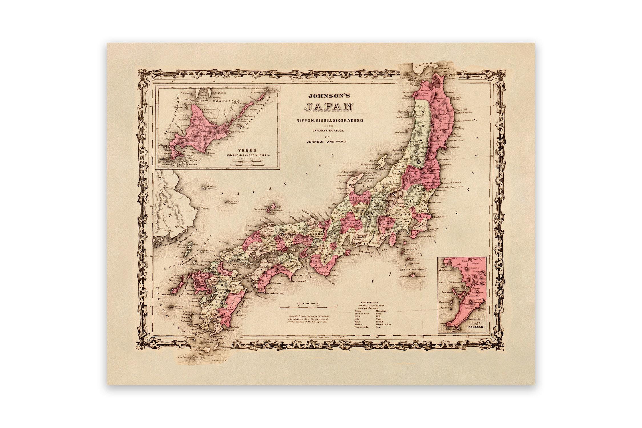 Old Map of Japan, 19th Century Cartography Decor, Vintage Style