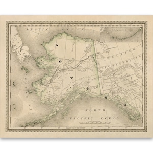 Old Map of Alaska, 19th Century Cartography Home Decor, Vintage Style Print Circa 1800s