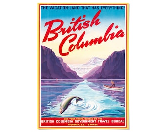 British Columbia Canada Travel Print, Vintage Fishing Poster, Mountain Lake Wall Art