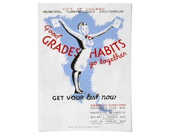 May include: A vintage poster from the City of Chicago Municipal Tuberculosis Sanitarium featuring a person holding two papers marked Grade A. The text reads Good Grades Habits go together and GET YOUR TEST NOW, with a list of board members.