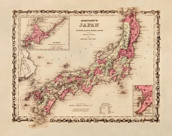 Old Map of Japan, 19th Century Cartography Decor, Vintage Style