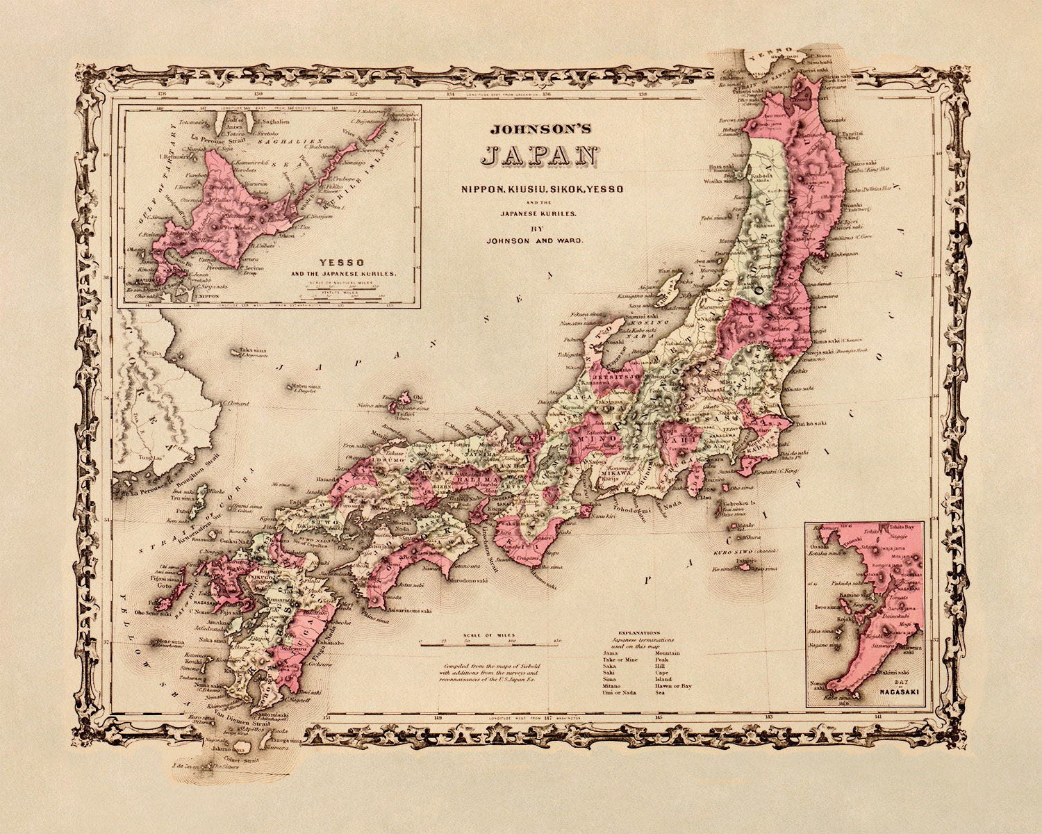 Old Map of Japan, 19th Century Cartography Decor, Vintage Style