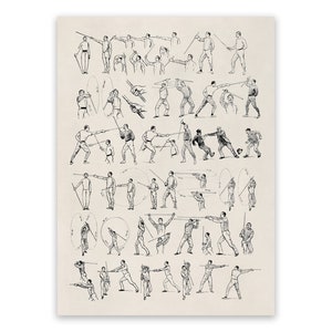 Singlestick Fencing Techniques Vintage Print: Baton & Cane Styles, AM139