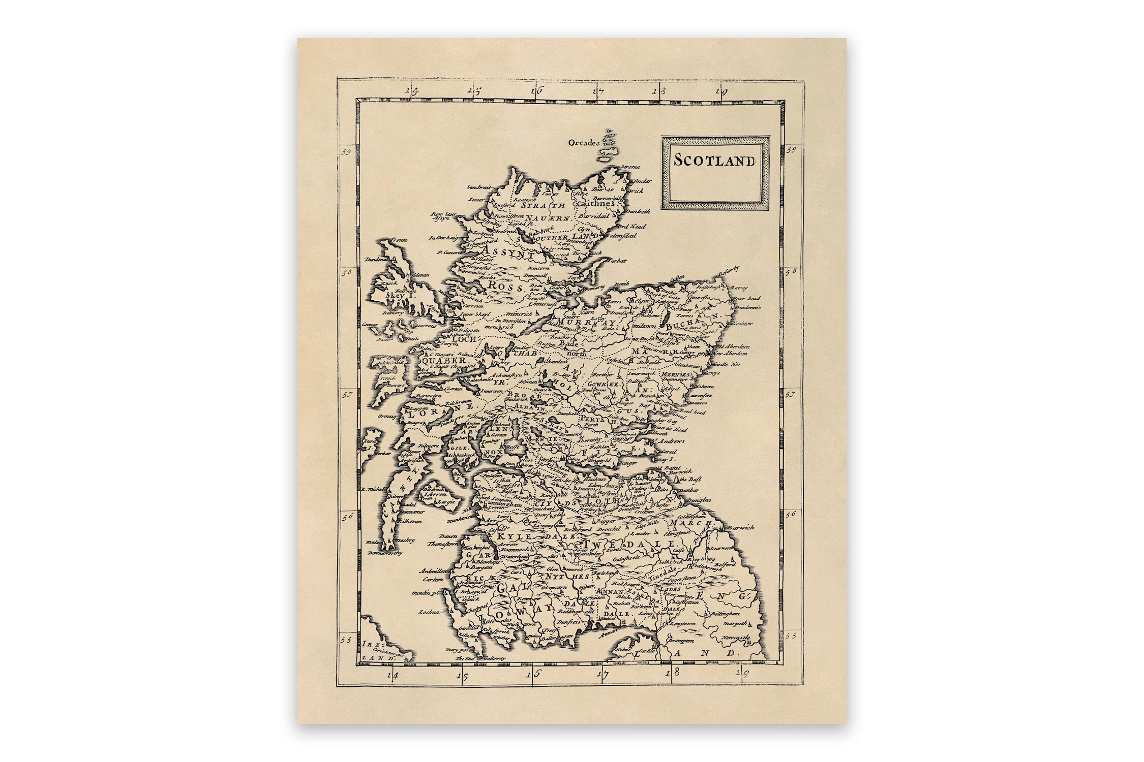 Old Map of Scotland, 17th Century Cartography Decor, Vintage Style