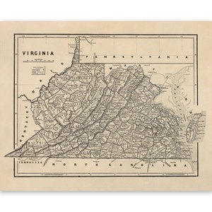 Carte ancienne de la Virginie et de la Virginie-Occidentale, impression de style vintage vers les années 1800, 3 choix de couleurs
