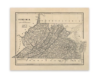 Antique Virginia State Map, Vintage Style Print Circa 1800s