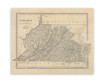 Vintage Virginia & West Virginia Map Print: Circa 1842
