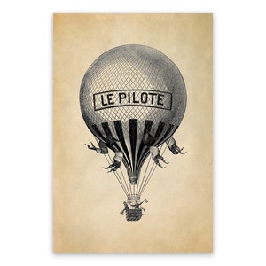 Le Pilote Hot Air Balloon Illustration Poster, Victorian Era French Decor, Premium Vintage Style Reproduction Print