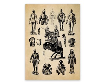 May include: A vintage-style print on parchment-colored paper featuring black ink illustrations of various suits of armor, individual armor components, and a central depiction of a knight mounted on a horse holding a long lance in a jousting pose.