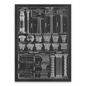 Ancient Architecture Styles Art, Greek Roman Columns Construction Chart, Premium Vintage Style Reproduction Print, AM115