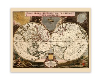 Antique World Map, 17th Century Globe Hemispheres Map Vintage Style Reproduction Print Circa 1600s