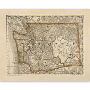 Carte ancienne de l'État de Washington, décor cartographique du XIXe siècle, impression de style vintage, vers les années 1800