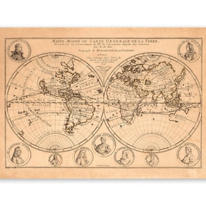 Antique Map of the World, 18th Century Cartography Decor, Vintage Style Print Circa 1700s