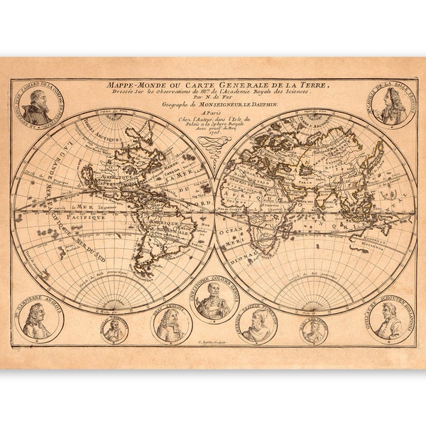 Antique Mappe Monde World Map, Vintage Style Print Circa 1700s