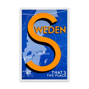 Sweden Travel Poster, Vintage Style 1900s Mid Century Reproduction Print, Retro Wall Art Decor