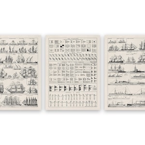 May include: Three black and white illustrations of ships and nautical flags. The left and right illustrations show different types of ships, while the center illustration shows a variety of flags used for signaling at sea.